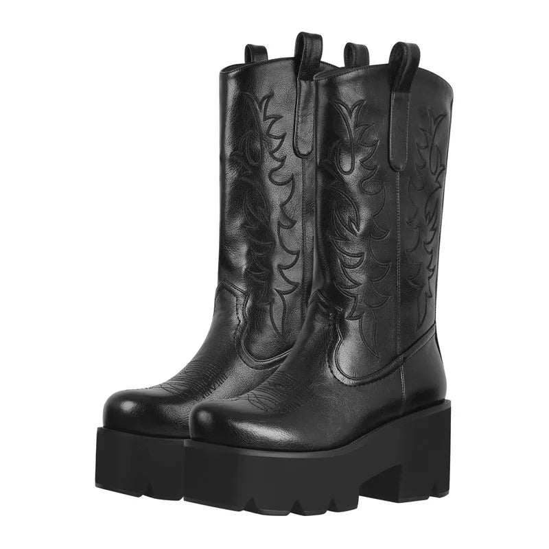 Women Platform Mid Calf Boots Black Chunky High Heels Big Size Lady Short Booties
