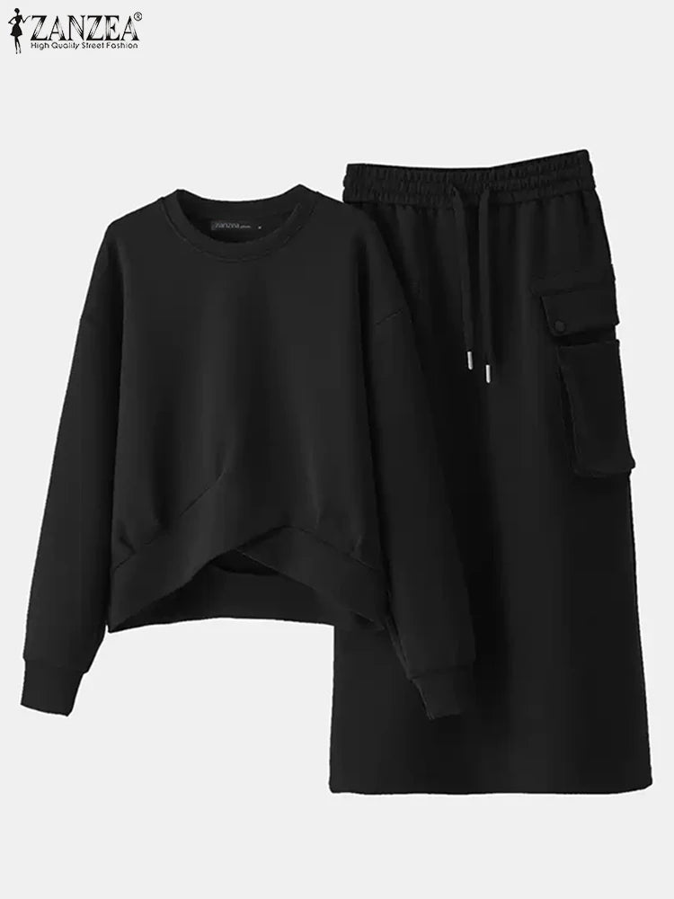 Daily Wear Elastic Waist Skirt Dress Sets Casual Spring Loose Solid Skirt Suits Women Knotted Hem Sweatshirt 2pcs Outfits