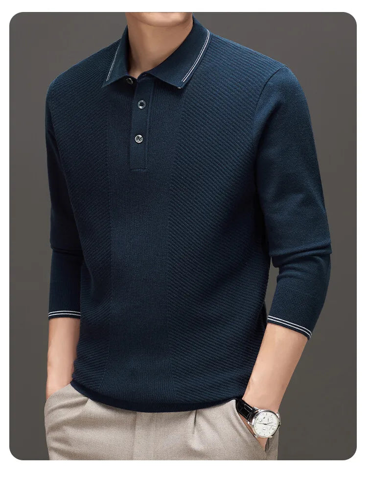 Men's Solid Colour Business Casual Polo Shirt, Suitable For Daily Commute, Pullover Sweater, Warm Knitted Long-Sleeved Cardigan