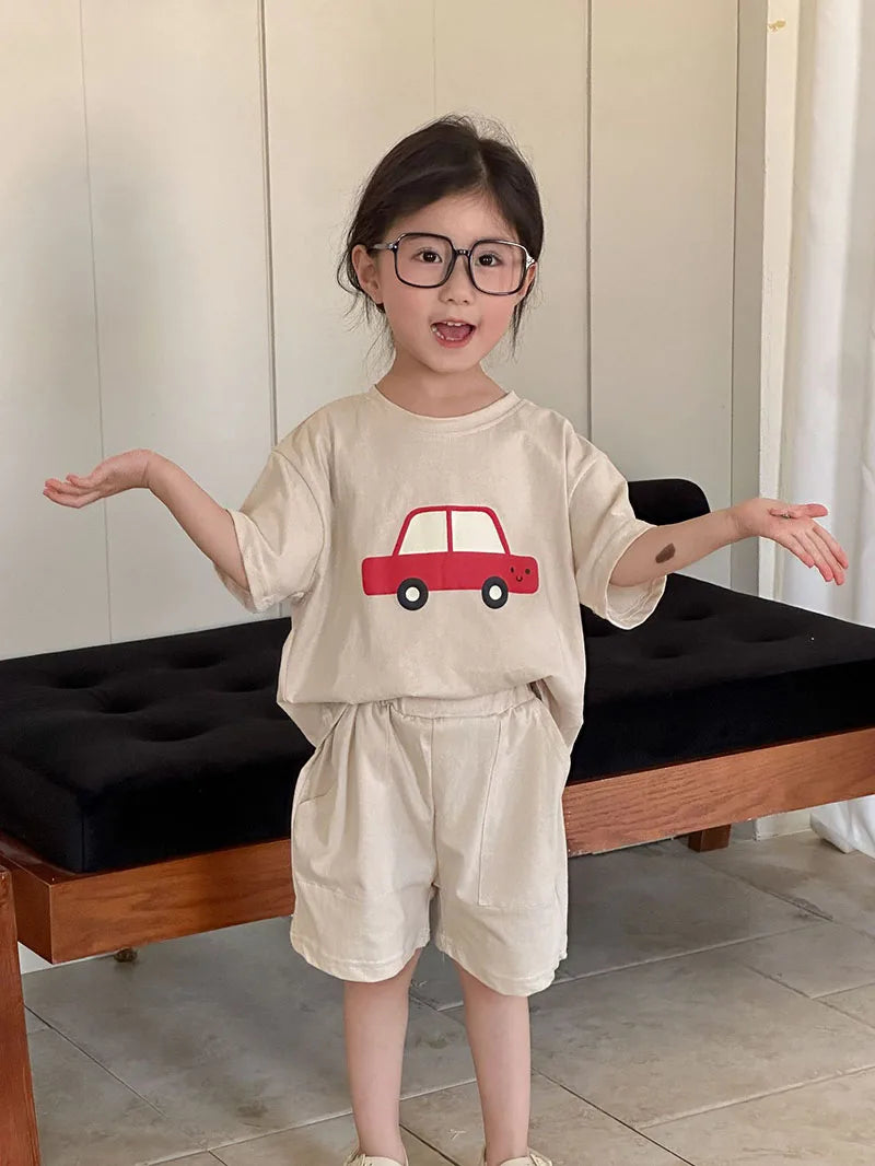 New Summer Kids Clothes Suit Children Cute Cartoon Car T-shirt + Shorts Boys Thin Style 2PCS Outfit 1-4Y Unisex