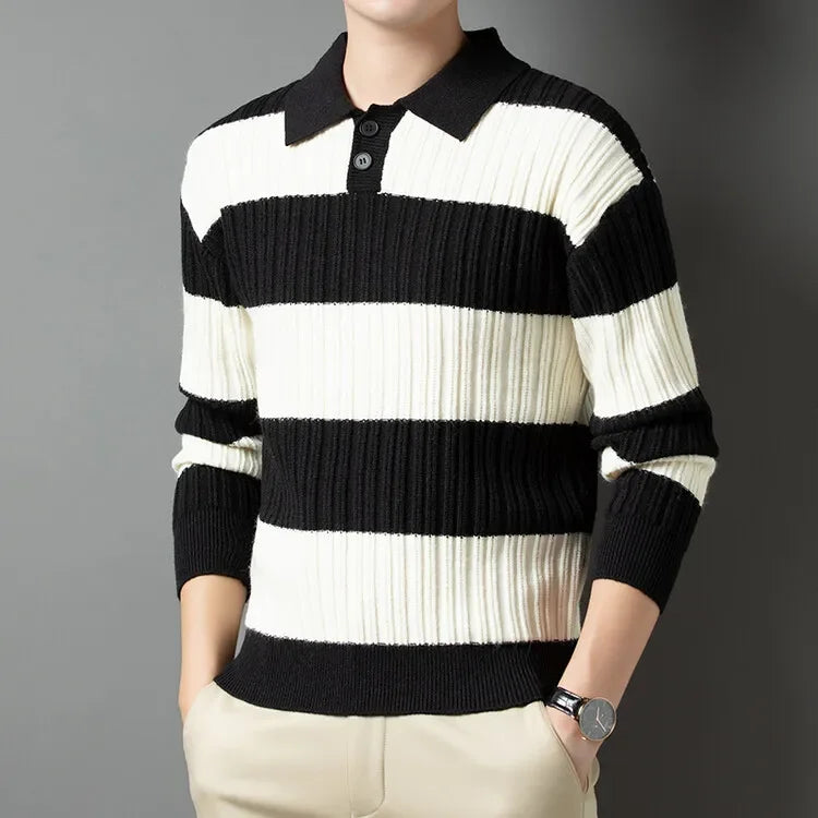 Men's Polo Shirt Luxury Pullover Sweater Fashion Thick Warm Sweater Striped Casual T-shirt, Male Top Loose Knitwear