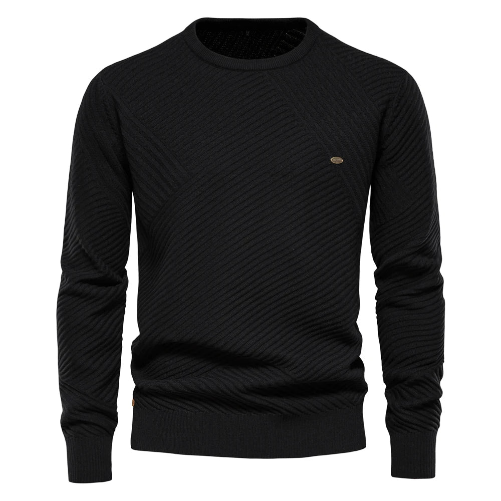 Men's Solid Colour Cotton Sweater Striped O-Neck Knitted Pullover for Men Casual High Quality Winter Sweater