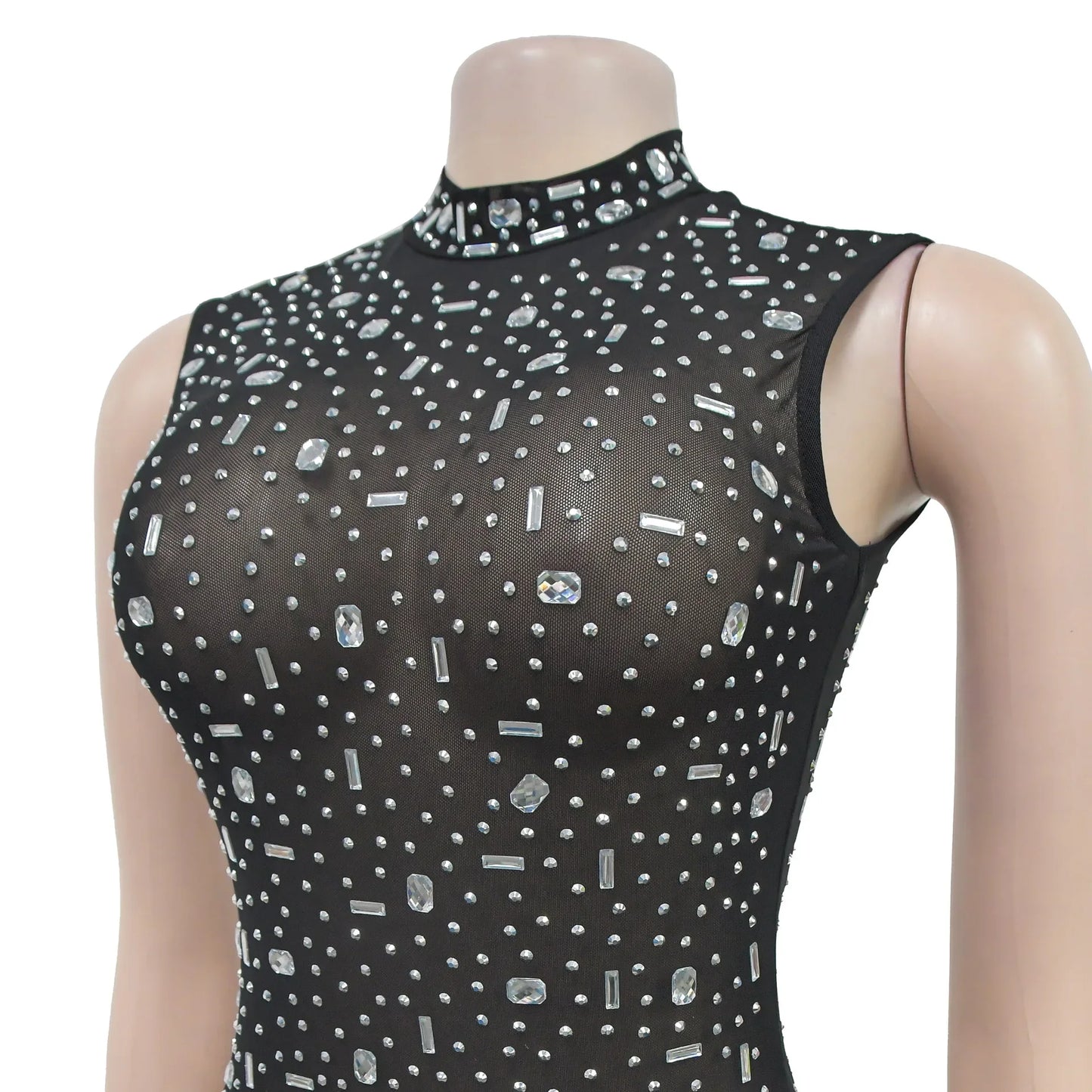 Women's Sexy See Through Sheer Mesh Halter Sleeveless Rhinestone Decor Floor-length Party Dress