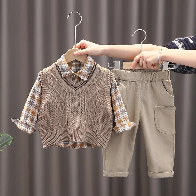 3-delige lente kinderkledingset, schattig dun vest + blouse + broek, meisjes, kleurblok, raster, bovenkleding, 1-3 jaar, unisex