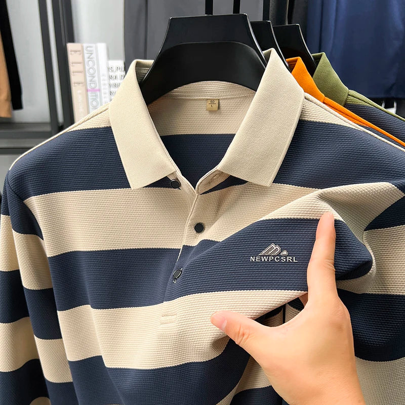 Men's Autumn Long Sleeve Polo Shirt Colourful Striped, Stretchy Double-sided Pique Knit Fabric