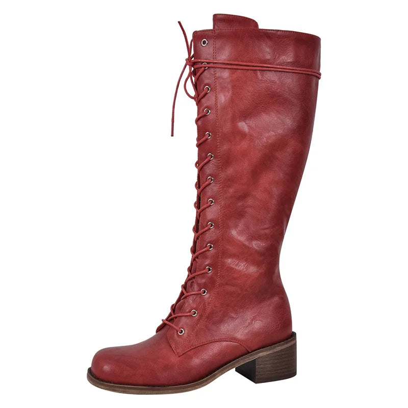 Women Knee High Boots Round Toe Black Matte Gothic Heeled Concise Side Zipper Winter Lace UP Motorcycle Boots