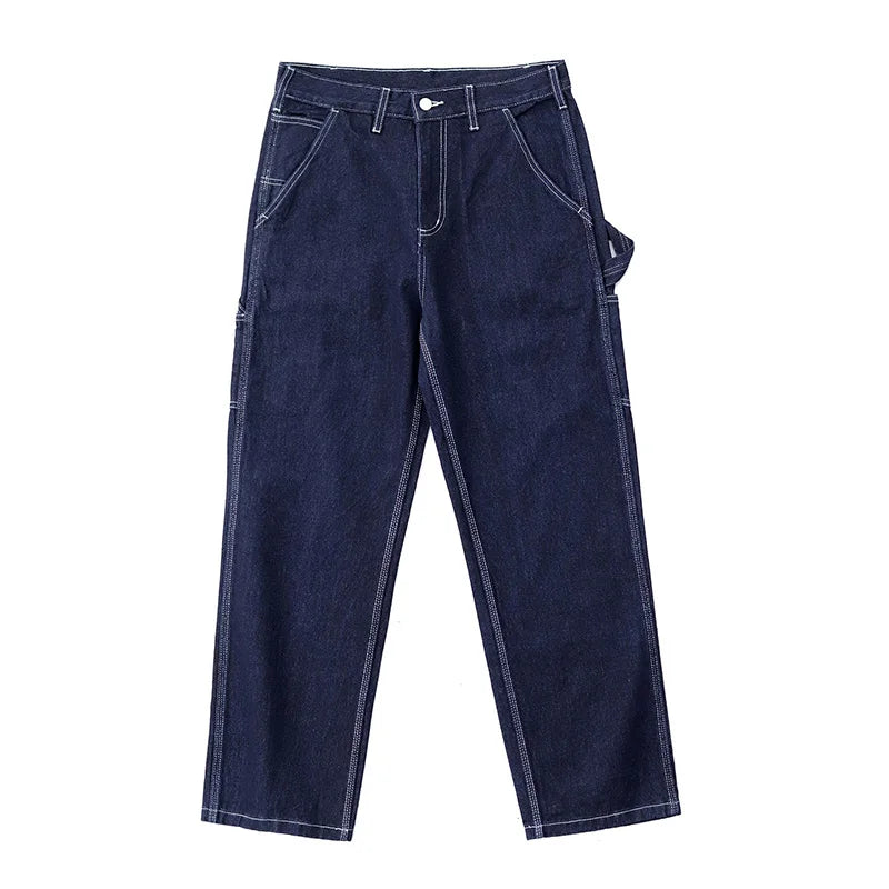 3903# Spring New American Retro Denim Carpenter Cargo Jeans Men's 100% Cotton Washed Loose Casual Multi-pocket Straight Pants