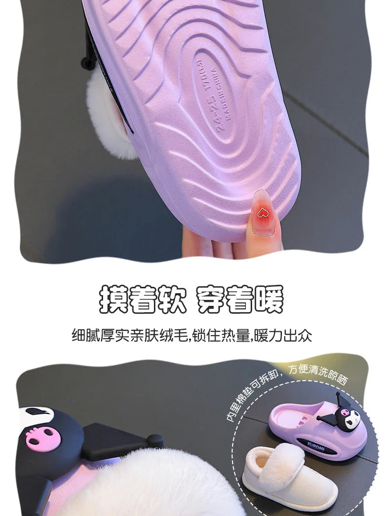 Girls' Home Fur Slippers Kawaii Anti-Skid Warm Cotton Cartoon Plush Waterproof Home Winter Shoes Size 24-41