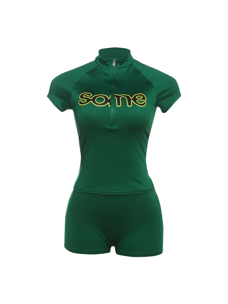Women's Casual Sporty 2 Piece Set Women Letter Print Zip Crop Tops + Skinny Stretch Shorts Matching Simple Fashion Tracksuits