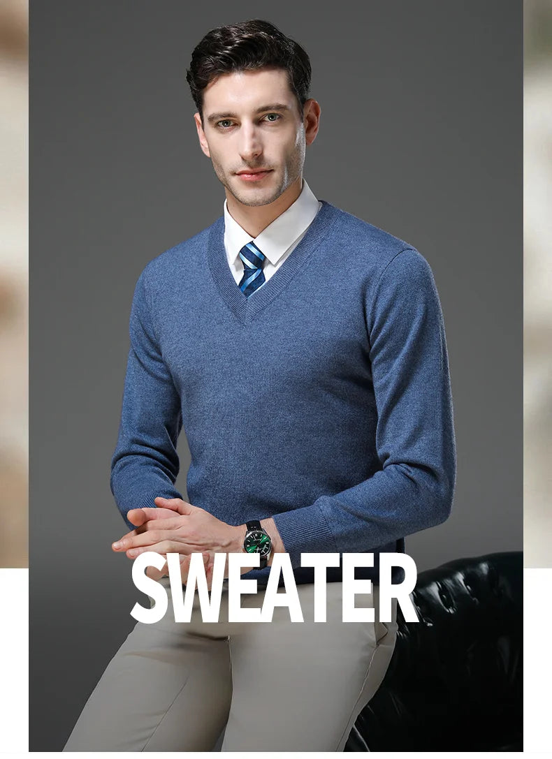 Men's Warm V-Neck Solid Colour Sweater, Autumn & Winter Stretch Top, Daily Leisure Pullover Knitwear, Male Business Casual