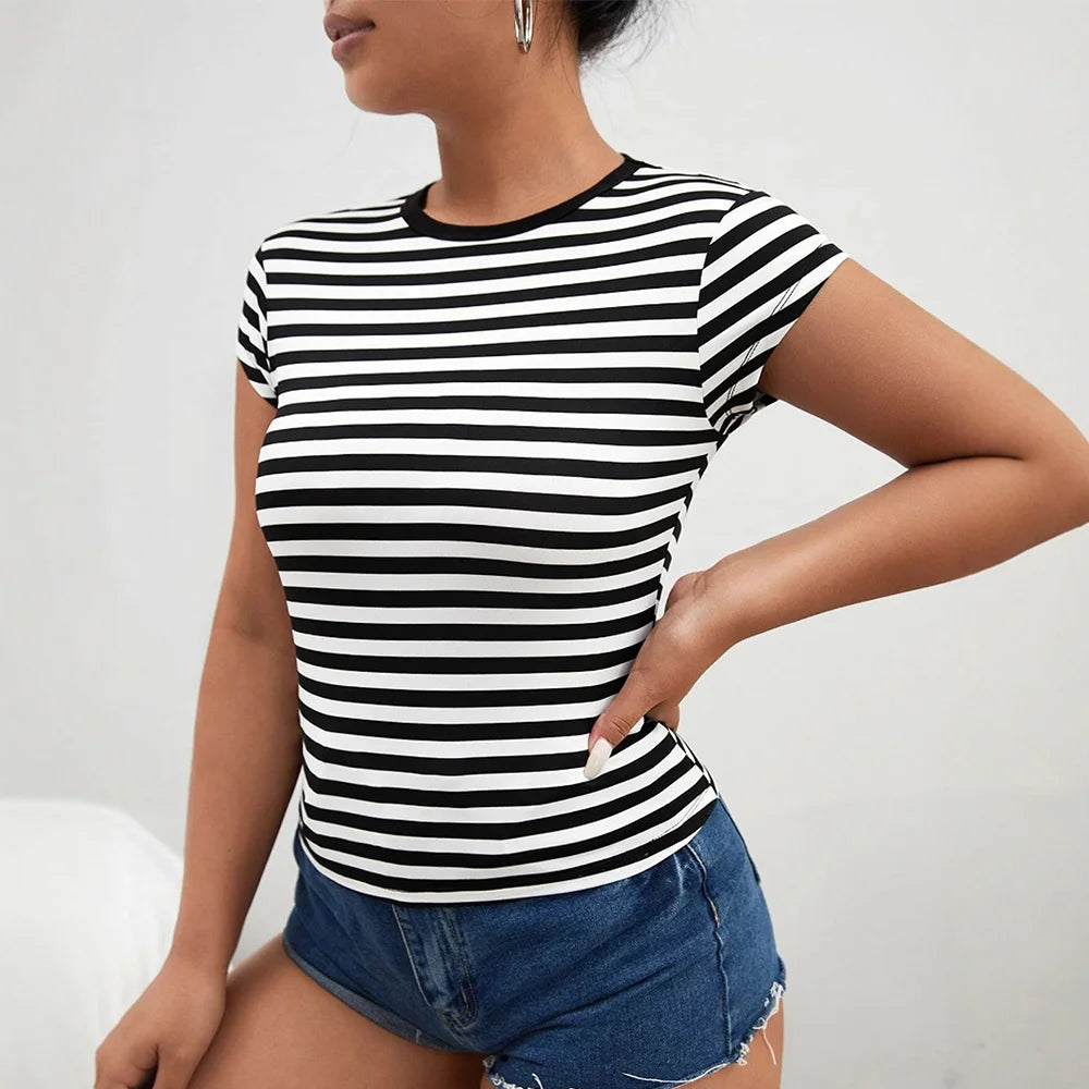 T-Shirts Summer Korean Casual Stripes Short Sleeve Round Neck Skinny Fit Daily T-Shirts For Women