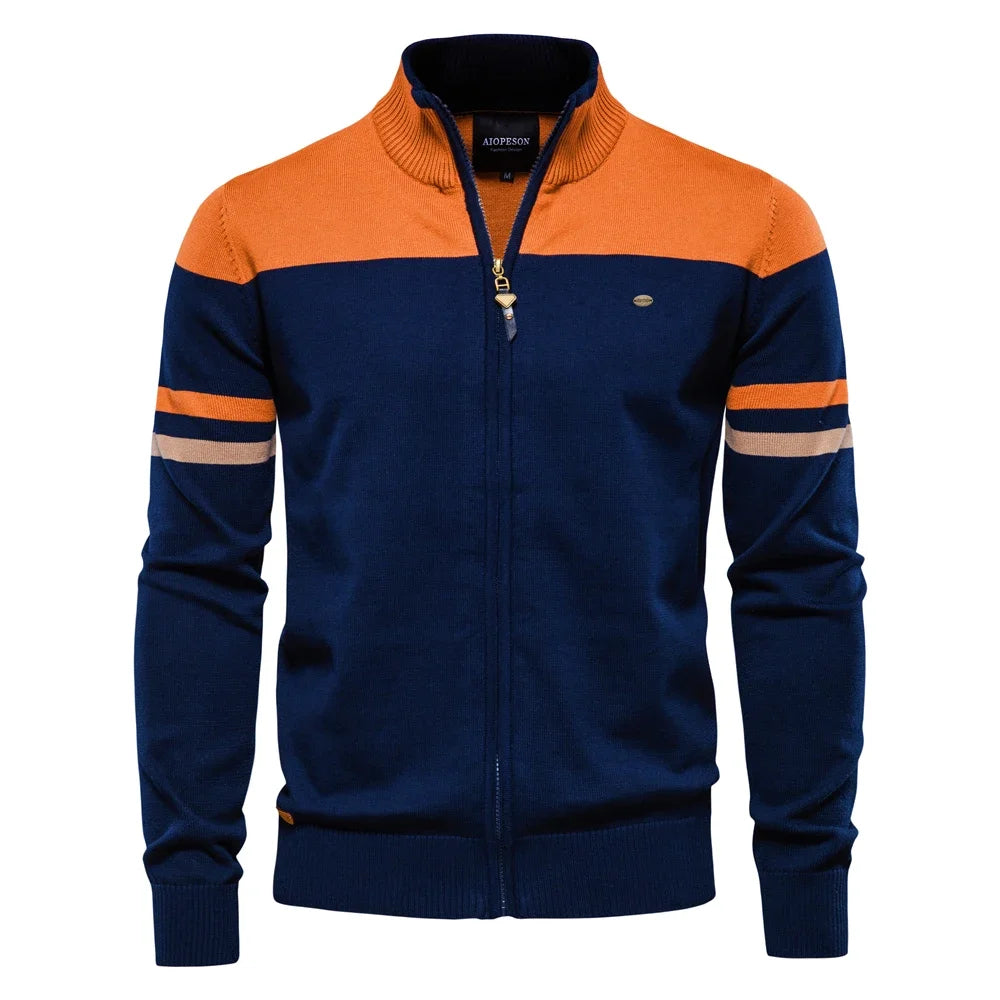 Men's Autumn and Winter 100% Cotton Zipper Cardigan Casual Patchwork Fashion Male Knitted Sweaters for Men