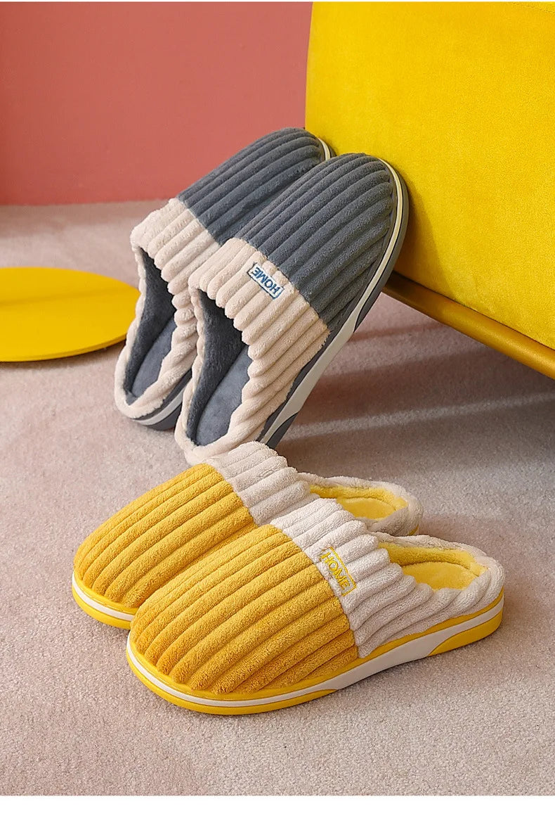 Men's Warm Plush House Slippers Indoor Anti-slip Winter Fluffy Slides With Waterproof Short Plush Male Cotton Shoes