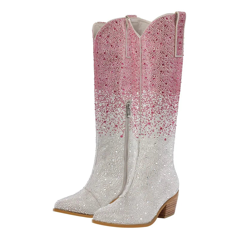 Women Pointed Toe Rhinestone Knee High Western Cowgirl Boots Glitter Bling Shiny Block Heel Lady Boots