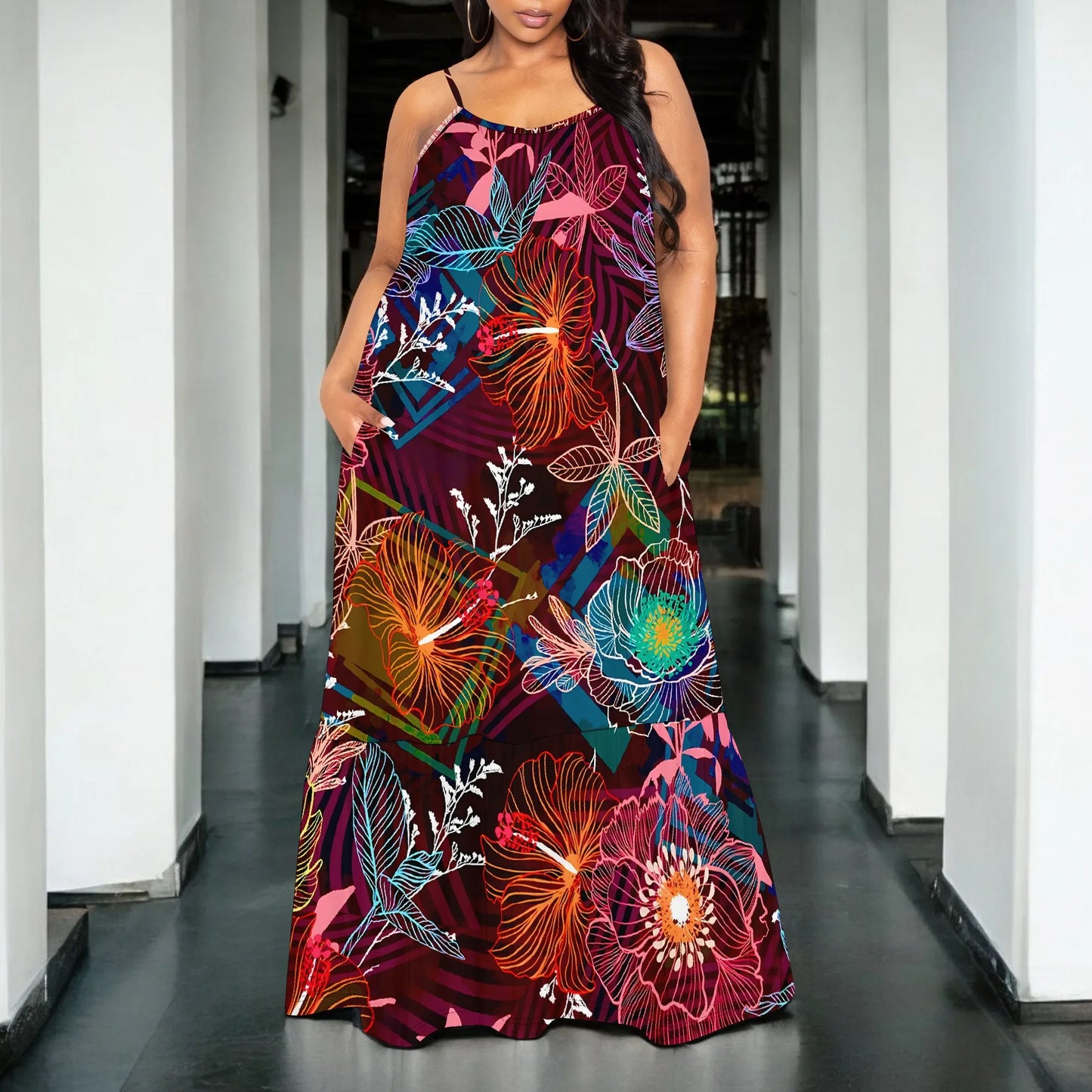 Colorful Plaid Floral Maxi Dress for Women Sleeveless Casual Spaghetti Strap Vacation Outfit