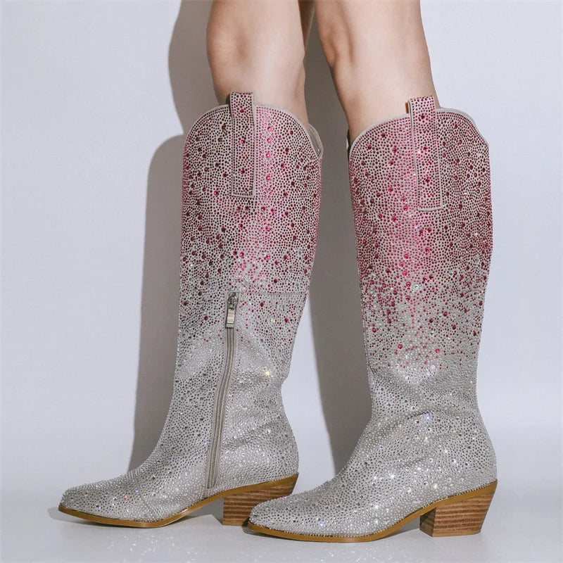 Women Pointed Toe Rhinestone Knee High Western Cowgirl Boots Glitter Bling Shiny Block Heel Lady Boots