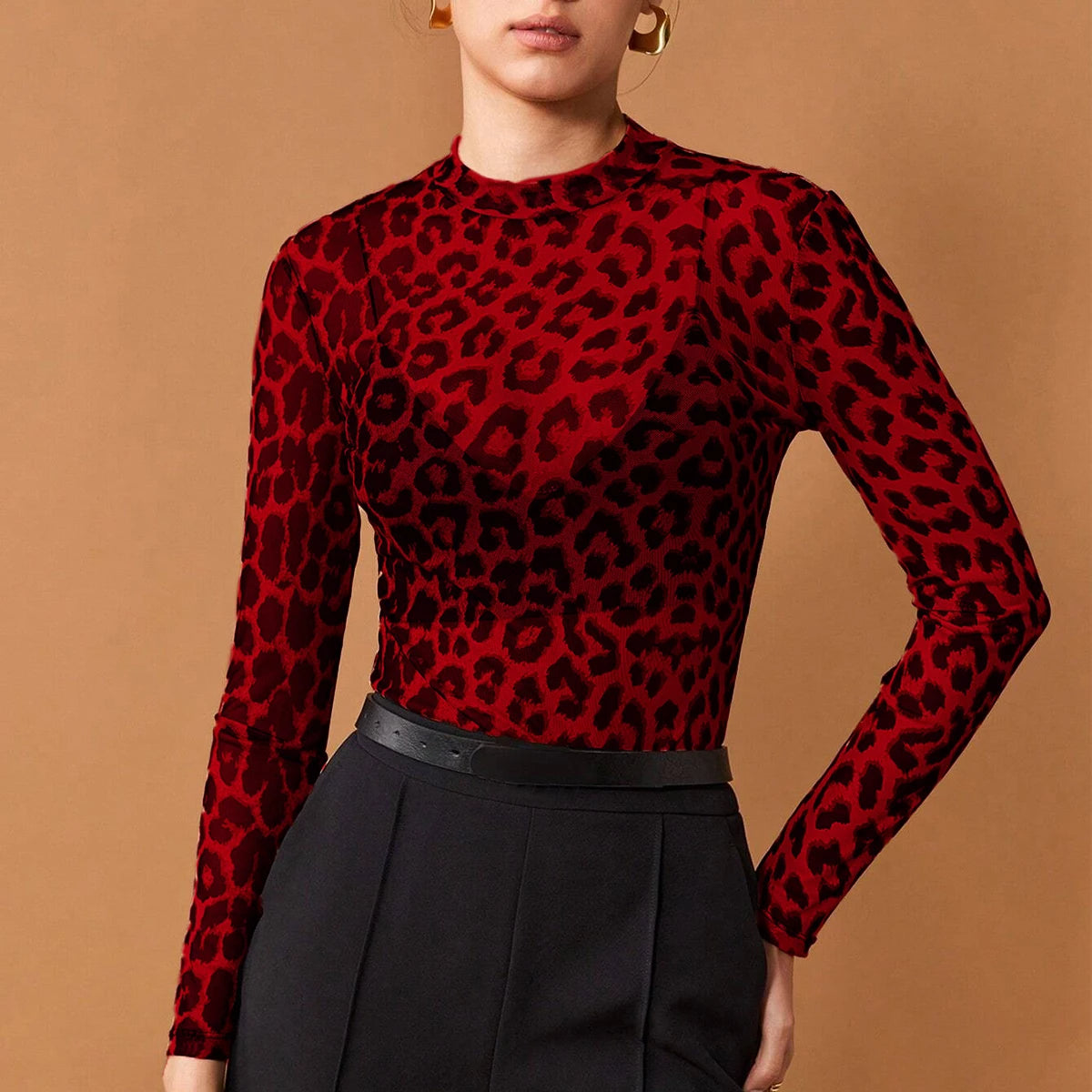Women's T-Shirts Autumn Daily Basic Leopard Mesh Long Sleeve Crew Neck Fashion High Street T-Shirts