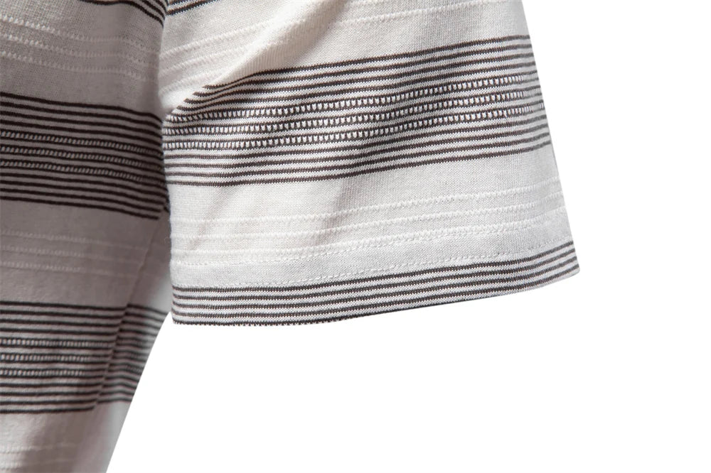 2025 New Summer Striped V Neck Cotton Polo Shirts for Men Breathable Short Sleeve Casual Knit Shirts Comfort Fit