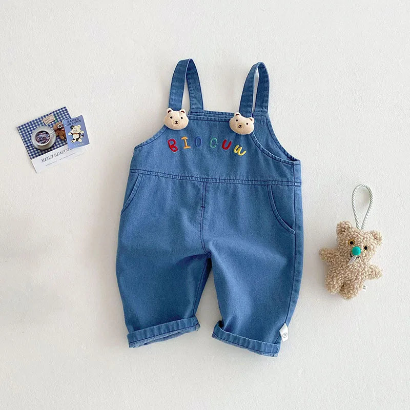 New Spring Kids Overall Children Cute Embroidered Letter Jeans Girls Boys Sweet Loose Casual Pants 0-5T Unisex