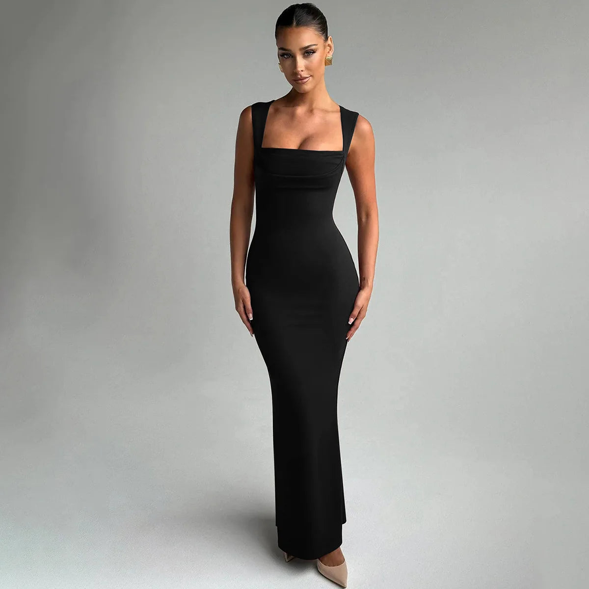 Square Neck Elegant Maxi Dress Club Party Outfits Solid Sexy Sleeveless Birthday Evening Bodycon Dresses Gown