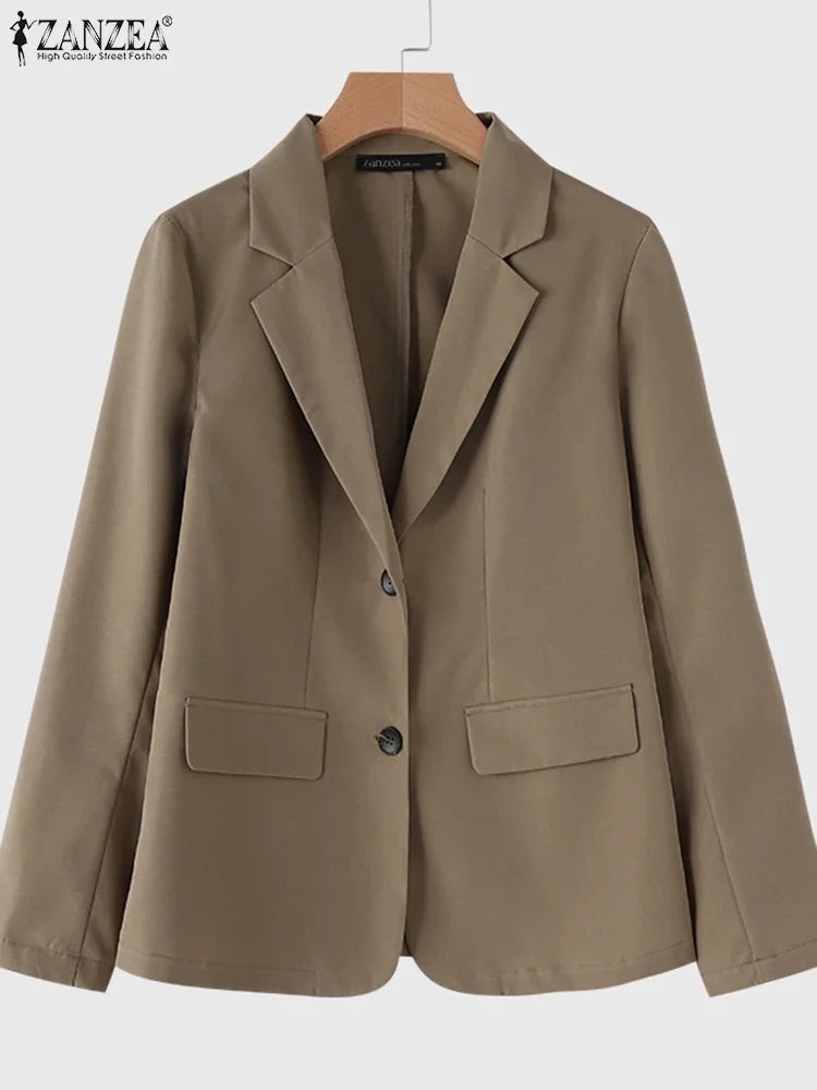 Women's Casual Blazer Elegant Office Lady Long Sleeve Lapel Neck Suit Jackets 2025 Korean Fashion Solid Commute Outerwear