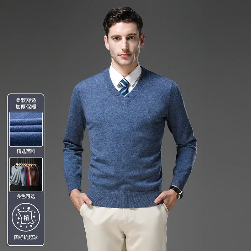 Men's Warm V-Neck Solid Colour Sweater, Autumn & Winter Stretch Top, Daily Leisure Pullover Knitwear, Male Business Casual