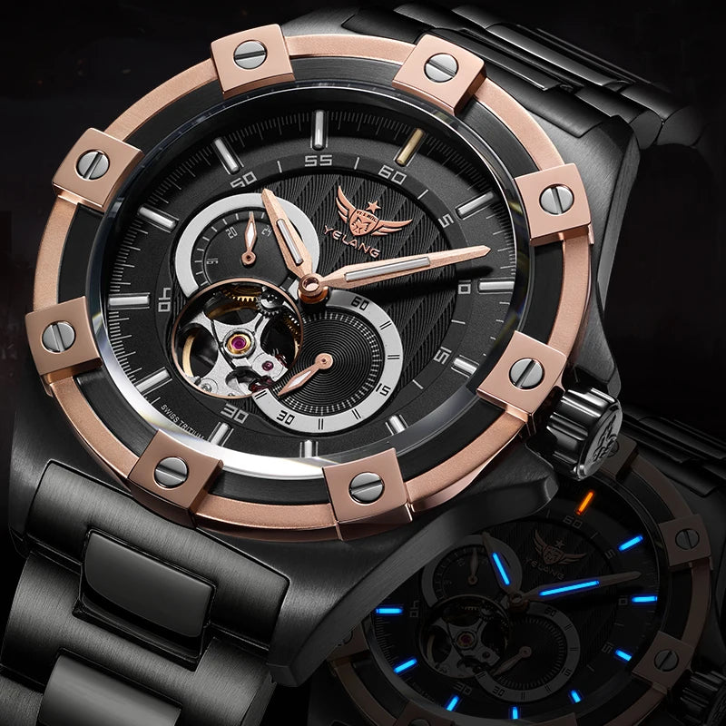 Yelang V1024 Men's 44mm Automatic Mechanical Watch Luminous 100m Water Resistant Japan Miyota 82S7 Movement Stainless Steel Band