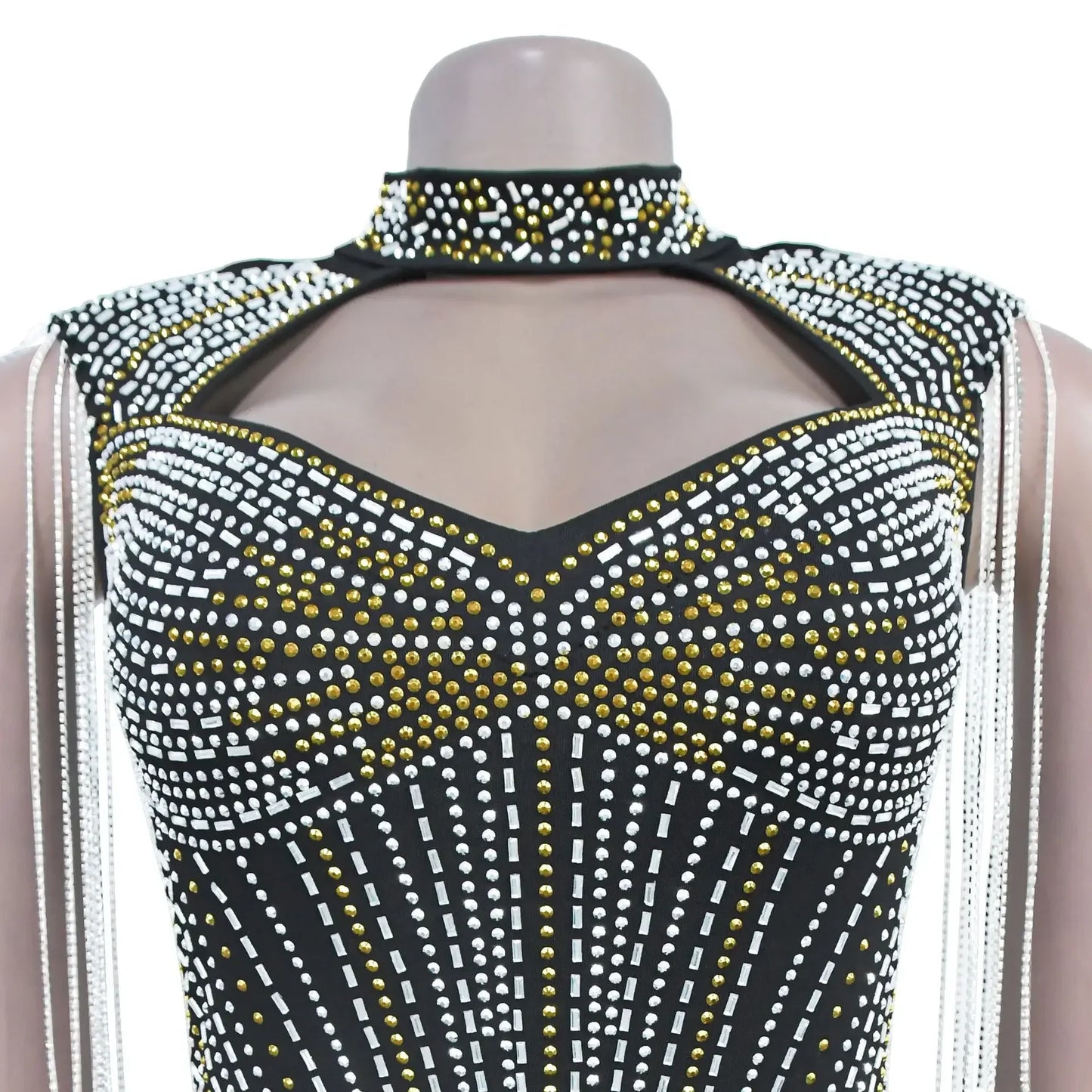 Sexy Sleeveless Rhinestone Decor Tassels Hollow Out Mini Dress