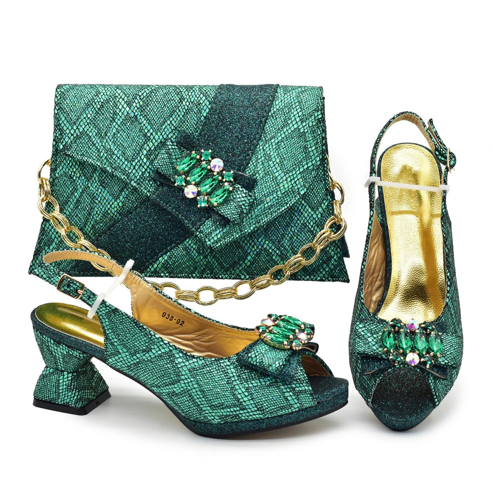 Women's Elegant Medium Heeled African Ladies Shoes and Bags Decorated with Rhinestone for Ladies' Luxury Pumps