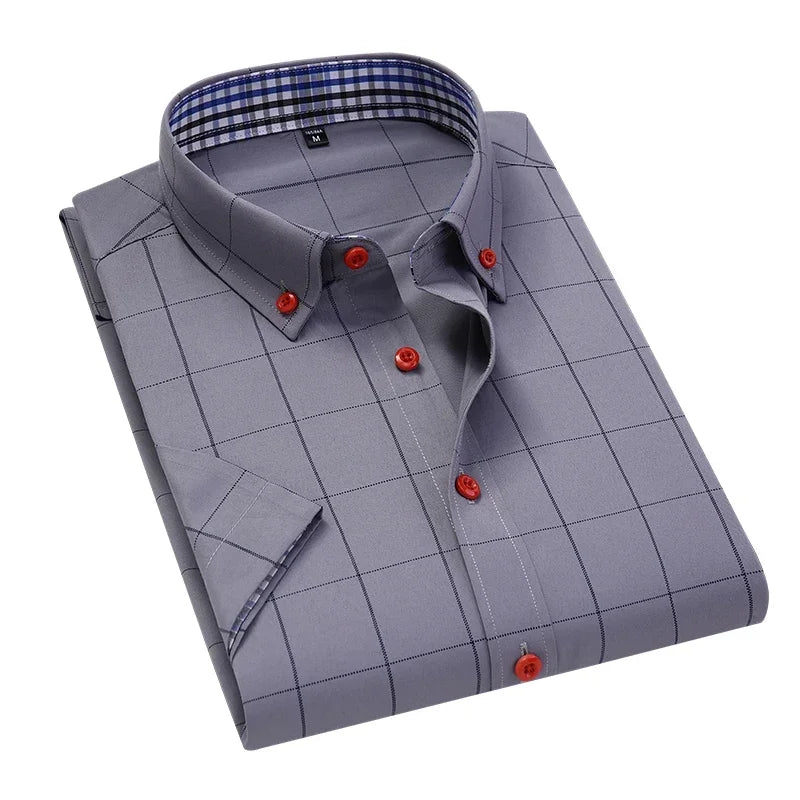 Summer Men Shirts Short Sleeve Plaid Shirt Slim Casual Button Up Dress Shirts Men Big Size M-5XL Anti-wrinkle Soft