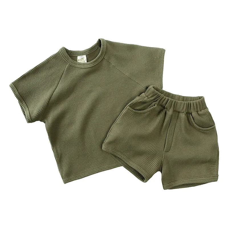 Kid's Summer Outwear Clothing Set Casual Boys Girls Waffle T-shirt Suit Children's 2PCS Tee And Shorts 1-6Y Unisex