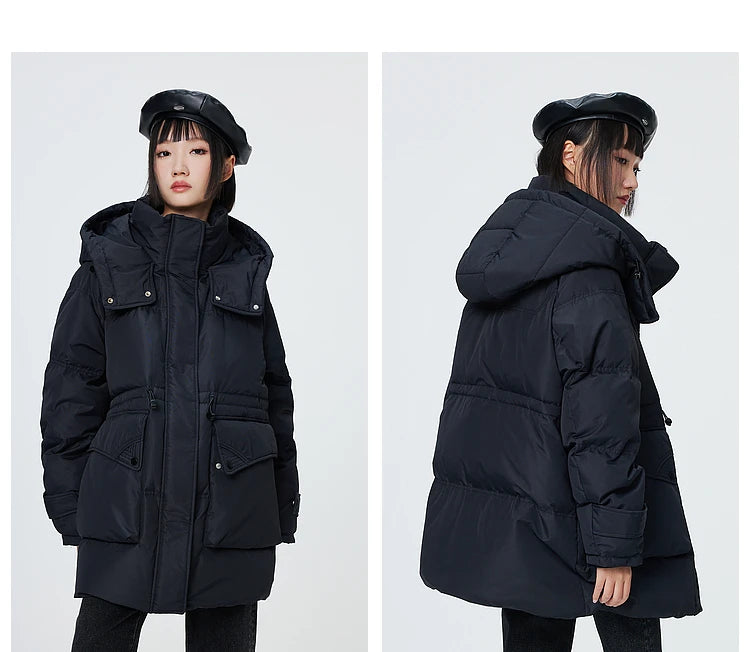 Women's Winter Warm Oversized Long Hooded Down Jacket, Adjustable Pig Nose, Buckle Waist Belt Utility Duck Down Parka For Ladies