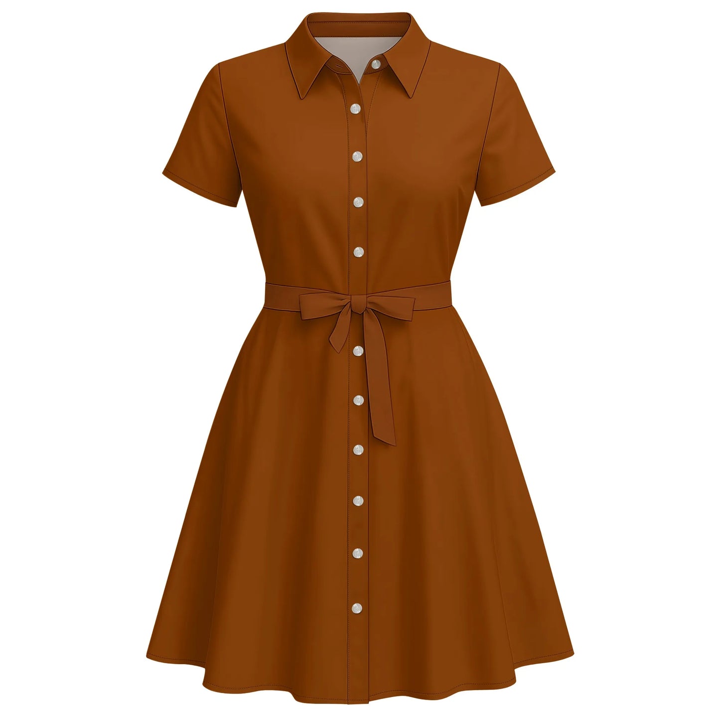 Women's Fashion Button Up Split Dresses Short Sleeve Casual Solid Color Midi Dress A-Line Swing Dresses with Belt