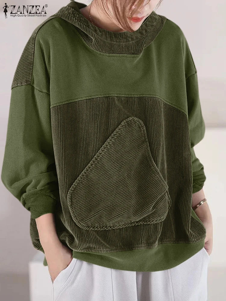 Women Patchwork Corduroy Hoodies Loose Casual Irregular Pocket Hooded Sweatshirts 2024 Fall Colour Block Long Sleeve Tops