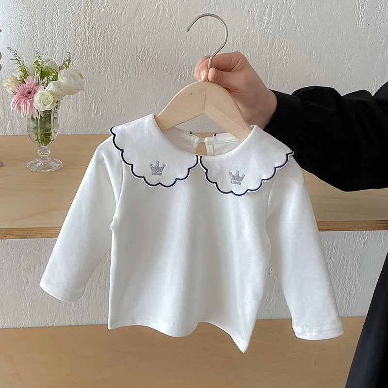 Herfst Baby Onderhemdjes Zoete Borduurwerk Bloem Strik Baby Meisjes Bottoming Shirt Peuter Dunne Kleding Tops 0-3T Meisjes