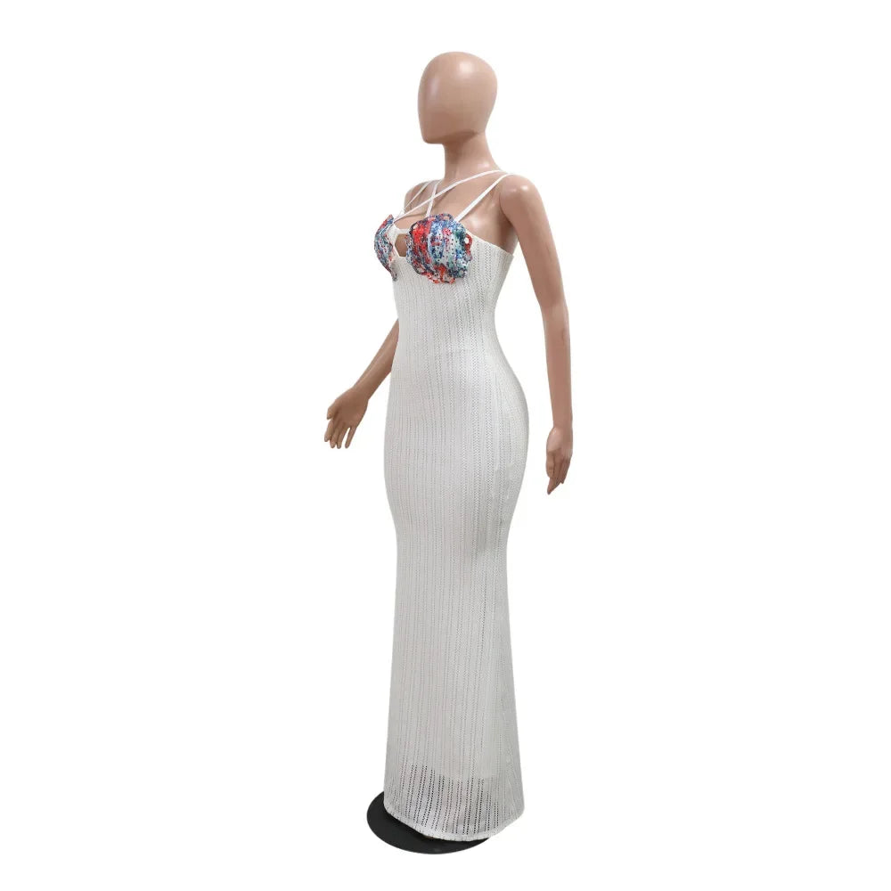Women Sexy Solid Color Spaghetti Strap Sleeveless Backless Embroidery Floor-length Party Dress