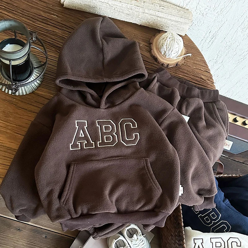 Winter Kids Clothing 2PCS Set Fur Lining Boys Girls Hoodie Set Hooded Sweat Shirt And Pants Track Suit 12M-7T Unisex