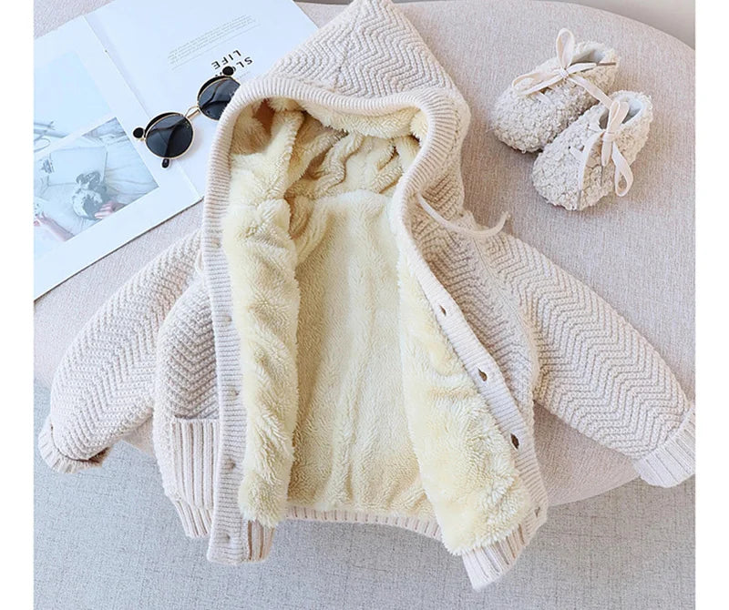 Winter Kids Sweaters Fur Lining Girls Cardigans Warm Boys Knitwear Children Outfit 1-7Y Unisex