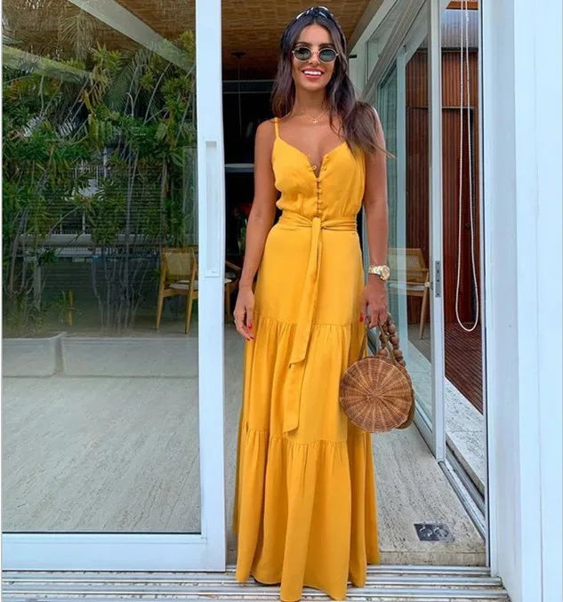 Summer New Women's Clothing European Style Unique Button V-neck Spliced Tank Dress Long Dress Sleeveless