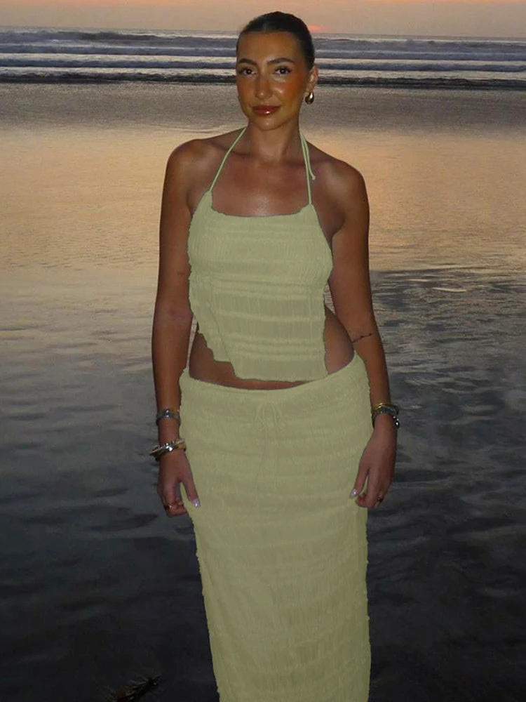 Sexy See-Through 2 Piece Set Women Lace-Up Halter Backless Crop Tops + Ruched Elegant Skirts Vacation Beach Party Suits
