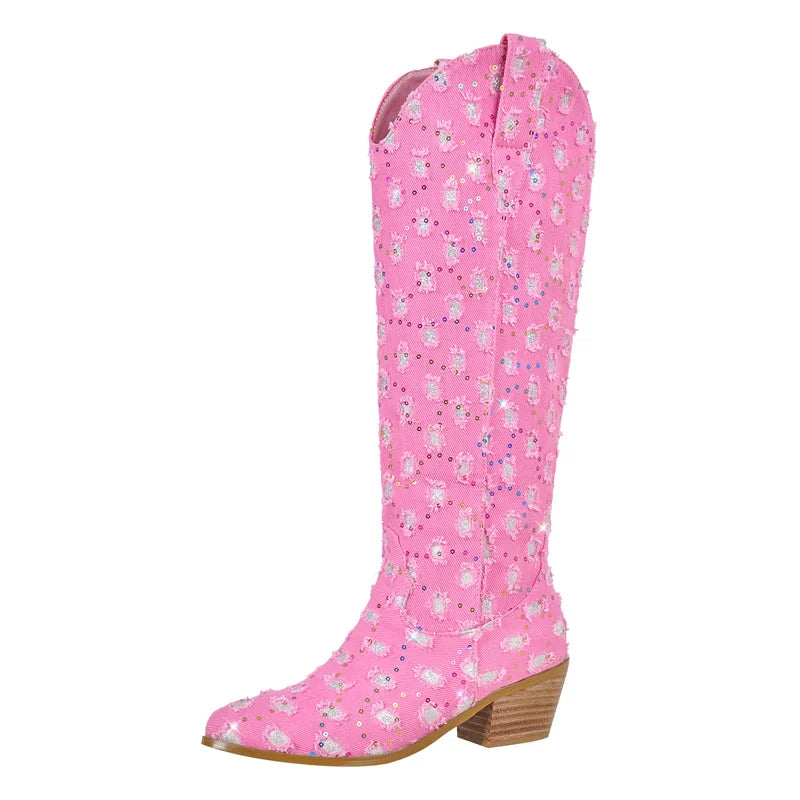 Women Pointed Toe Knee High Boots Western Boots Wide Calf Embroidered Canvas Block Heel Pull-On Cowgirl Booties