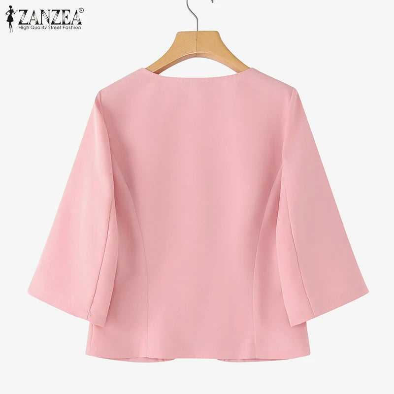 Elegant Women Over Shirts 2025 Autumn Fashion Round Neck 3/4 Sleeve Button Up Chemises Femme Office Wear Solid Outerwear