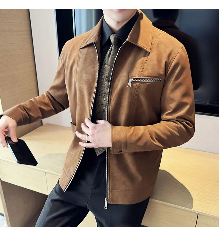 Men's Suede Casual Jacket, Lapel Fashionable Jacket, High-Grade Zipper Decorations, Business Casual Warm Male Coat