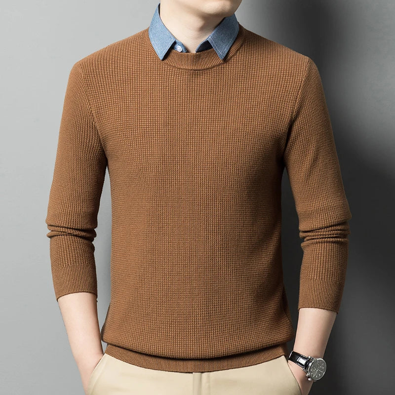 Men's Top Grade Fake Two Collared Fashion, Designer Knitted Pullover Sweater, Casual Brand Slim Fit Male Jumpers