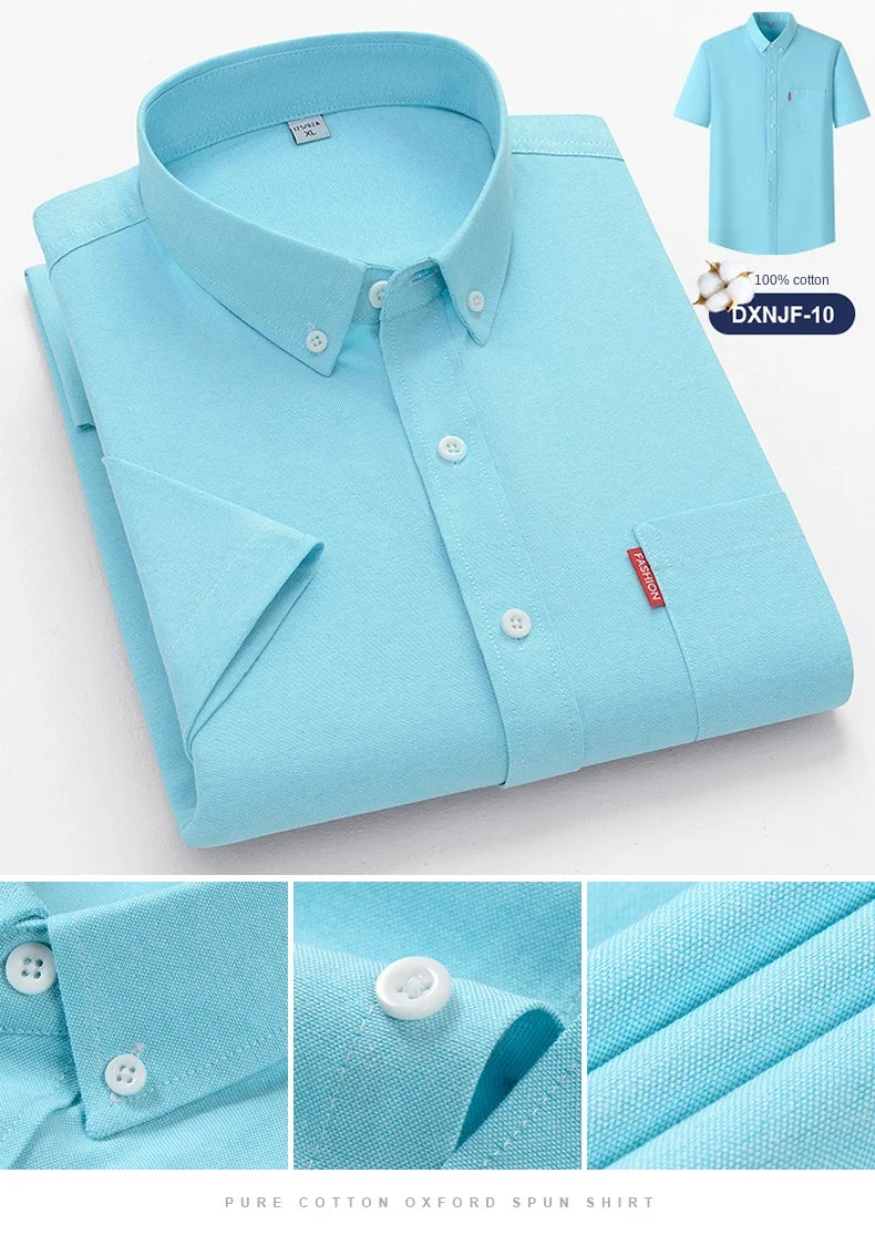 Men's Summer Shirts Short Sleeve 100% Cotton Luxury Oxford White Yellow Red Business Formal Dress Shirt Big Size 5XL