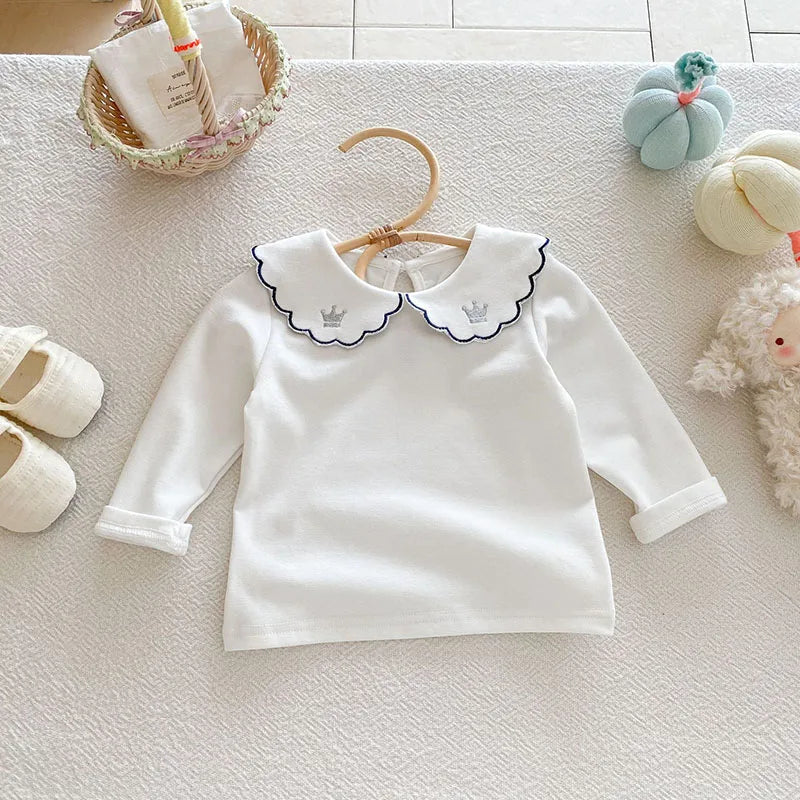 Herfst Baby Onderhemdjes Zoete Borduurwerk Bloem Strik Baby Meisjes Bottoming Shirt Peuter Dunne Kleding Tops 0-3T Meisjes