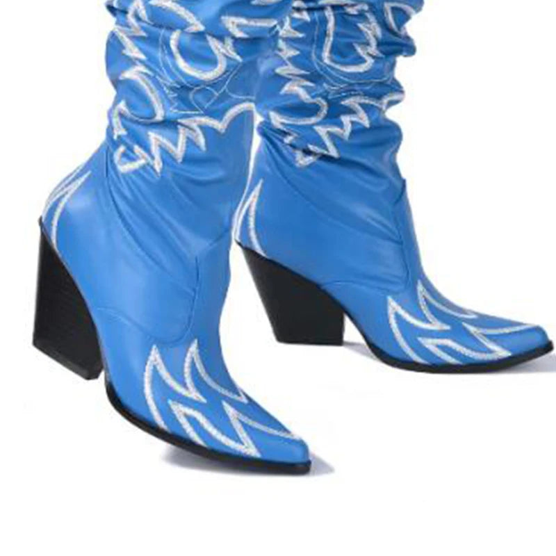 Woman Knee High Boots Western Cowboy Boots Wide Calf Embroidered Women Pointed Toe Block Heel Pull-On Cowgirl Boots