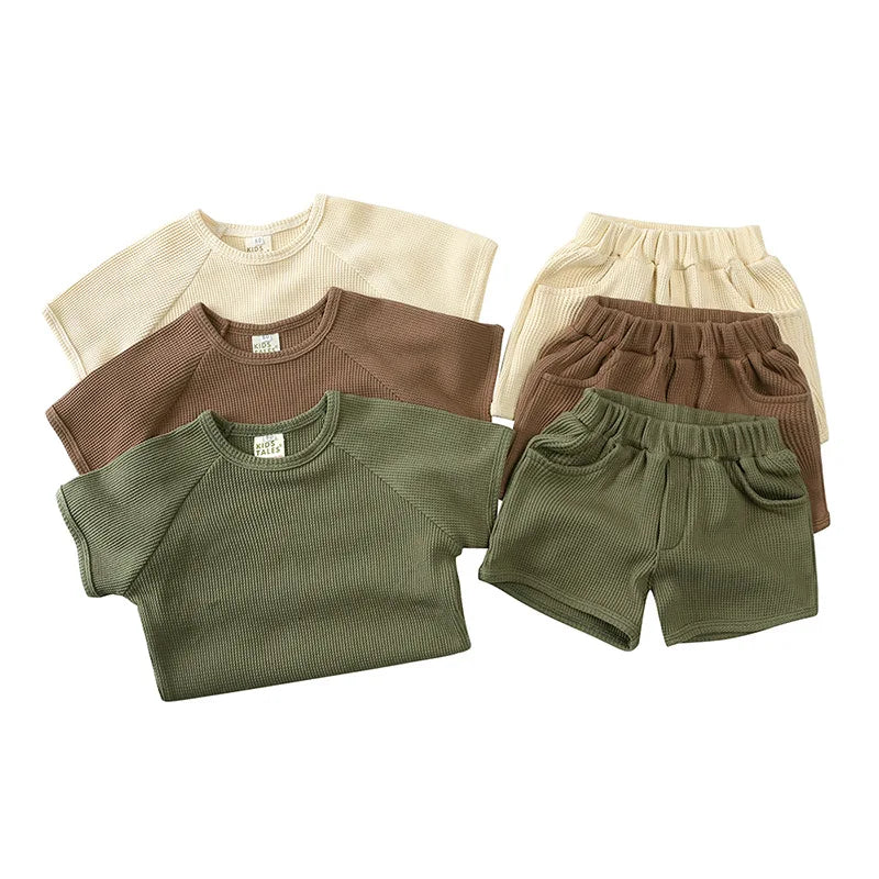 Kid's Summer Outwear Clothing Set Casual Boys Girls Waffle T-shirt Suit Children's 2PCS Tee And Shorts 1-6Y Unisex