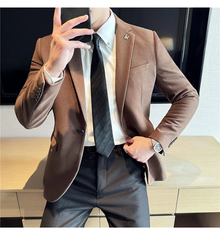 Men's Thickened High-Quality Daily Work Formal Single-Breasted Woollen Coat with Dark Stripe for Autumn and Winter Size S-4XL