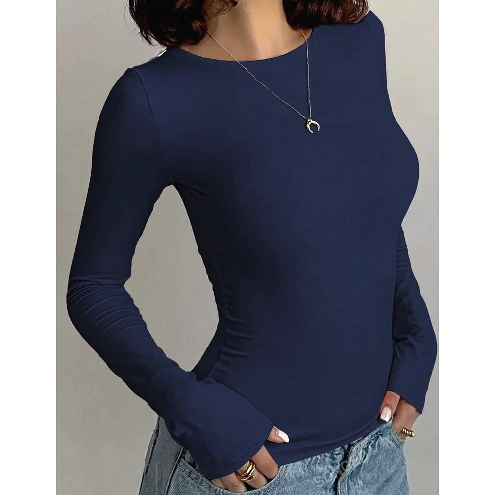 Autumn Winter Women's T shirts Casual Korean Simple Crew Neck Long Sleeve Basic All-match Crop Top